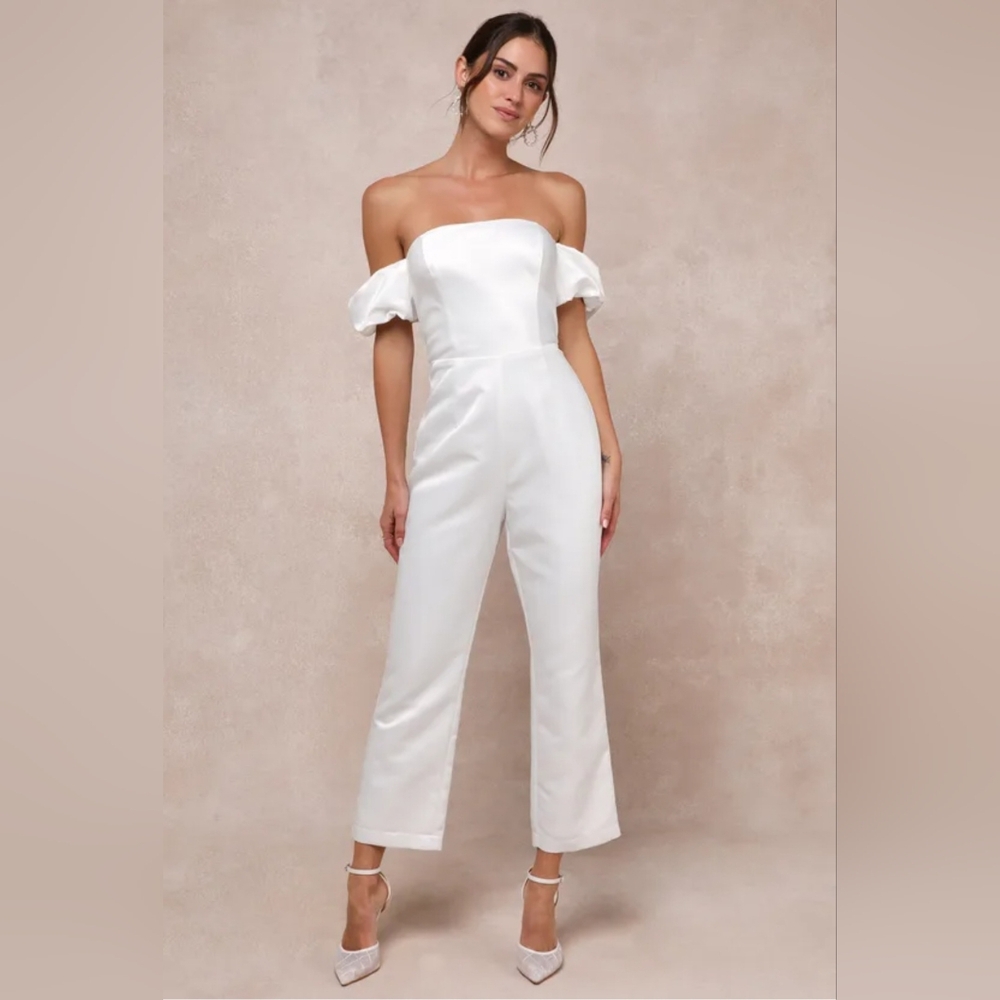 Lulus Chic Vow White Satin Off-the-Shoulder Bow Jumpsuit